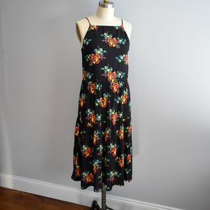 Black Floral Gathered Pleated Midi Dress with Adjustable Spaghetti Straps